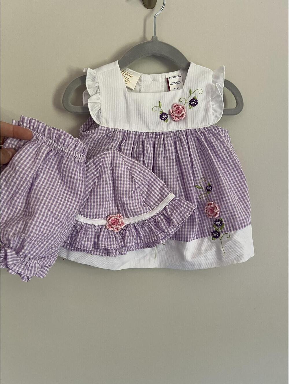 Vintage Little Bitty Purple Gingham Floral Crochet 3-Piece Dress Set, 3-6M